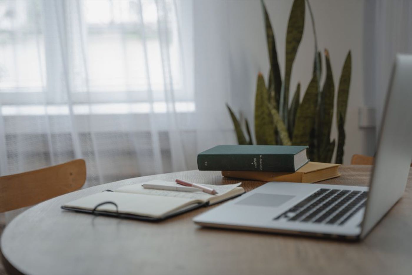 A wooden desk by a bright window with an open notebook, a stack of books and a plant.