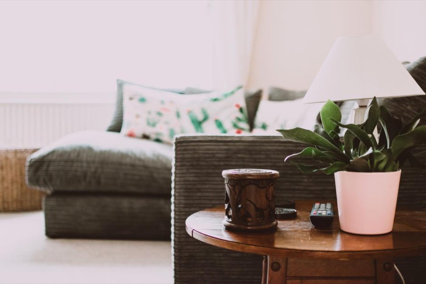 A cosy living room corner with a corduroy sofa, side table, lamp and plant.